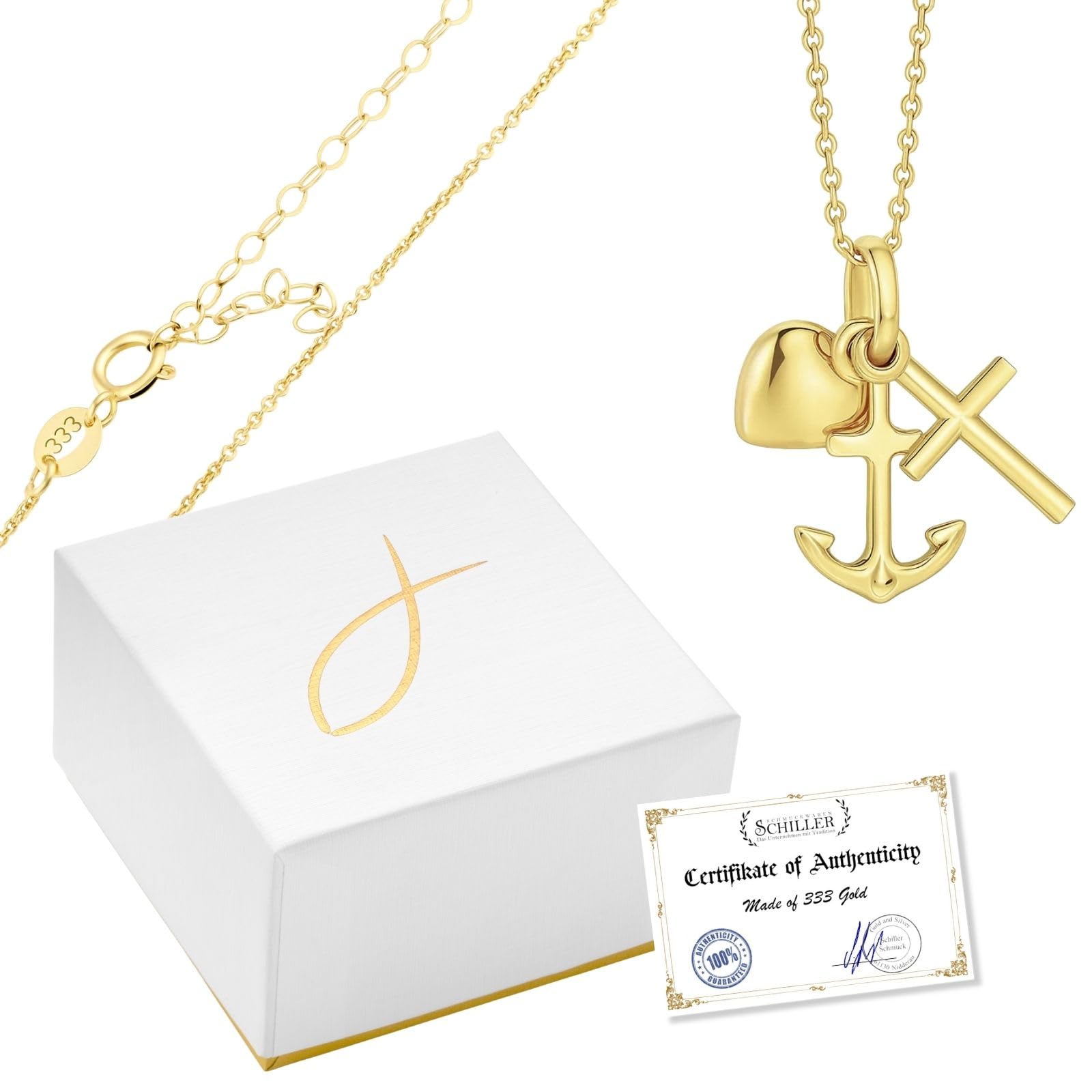 fish Collana In Oro Con Ciondolo Ancor Cuore Croce Lunghezza Regolabile Confezione Regalo