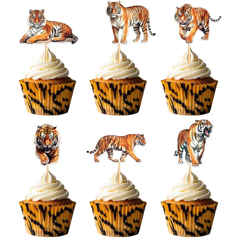 24PCS Tiger Cupcake Toppers, Realistic Wild Animal Cake Picks for Jungle Safari Parties Tiger-Themed Birthdays
