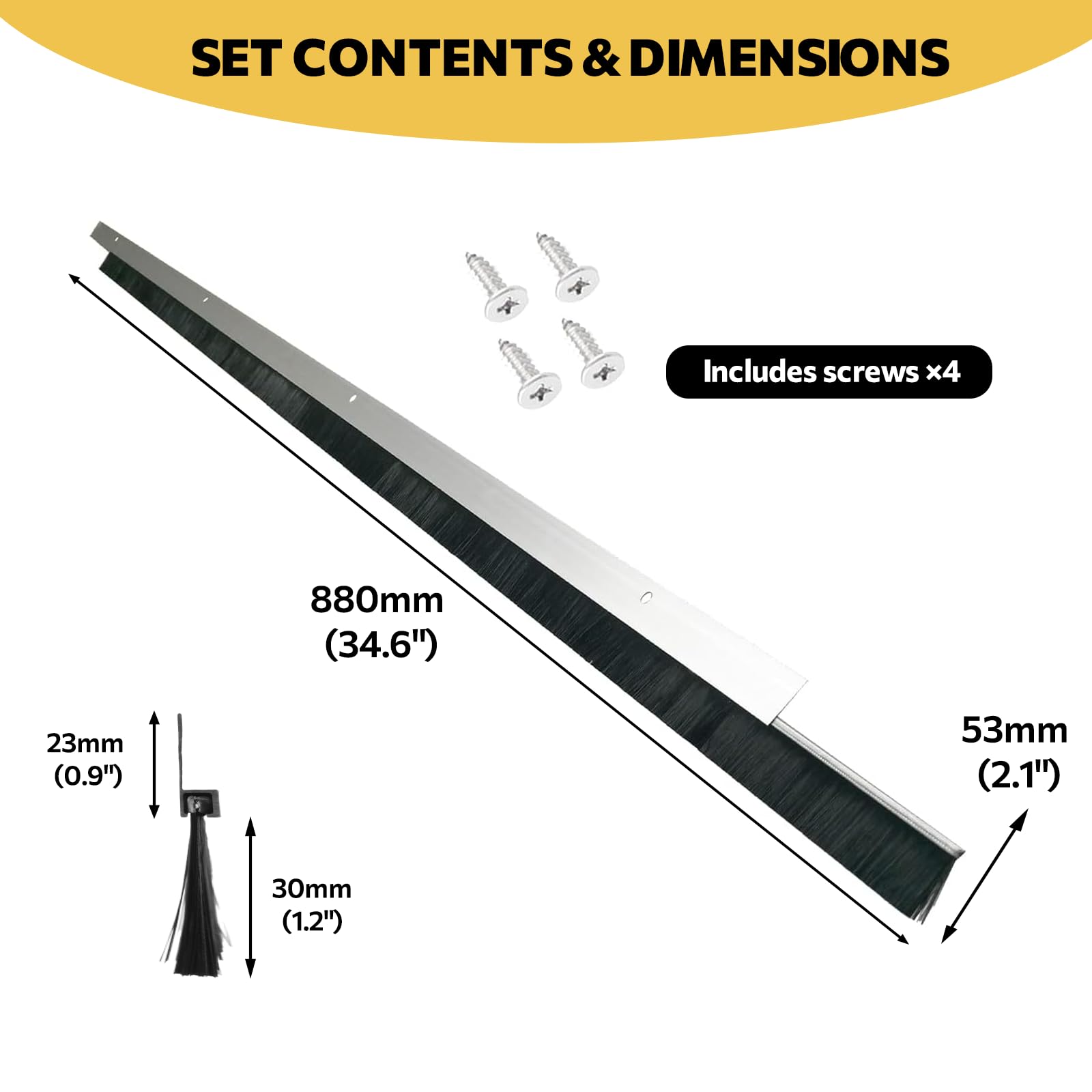 Set di 2 spazzole per porta, 53 mm x 880 mm | Telaio in alluminio con setole in polipropilene, guarnizione a spazzola per porta, paraspifferi, polvere e parassiti