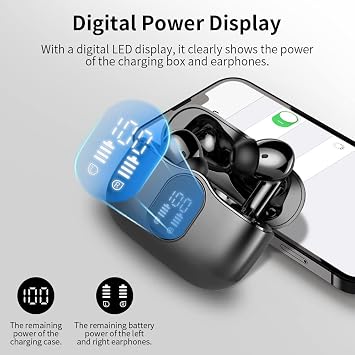 Wireless Earbuds, Bluetooth 5.4 Headphones Bass Stereo, Ear Buds with Noise Cancelling Mic LED Display, IP7 Waterproof in Ear Earphones, 36H Playtime for Laptop Pad Phones Sports Workout, Black
