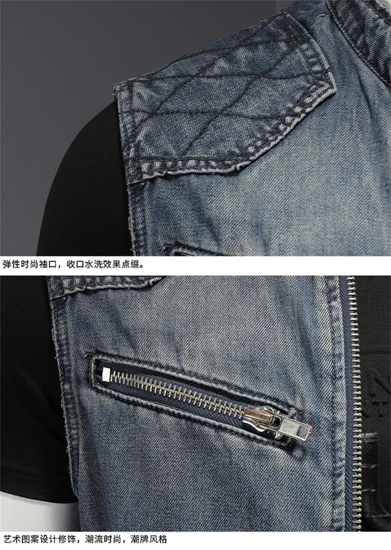 Gilet in Denim di Moda Maschile, Motociclista con Cerniera Maschile Jean Gilet, Giacca da abbonamento Senza Maniche Maschile