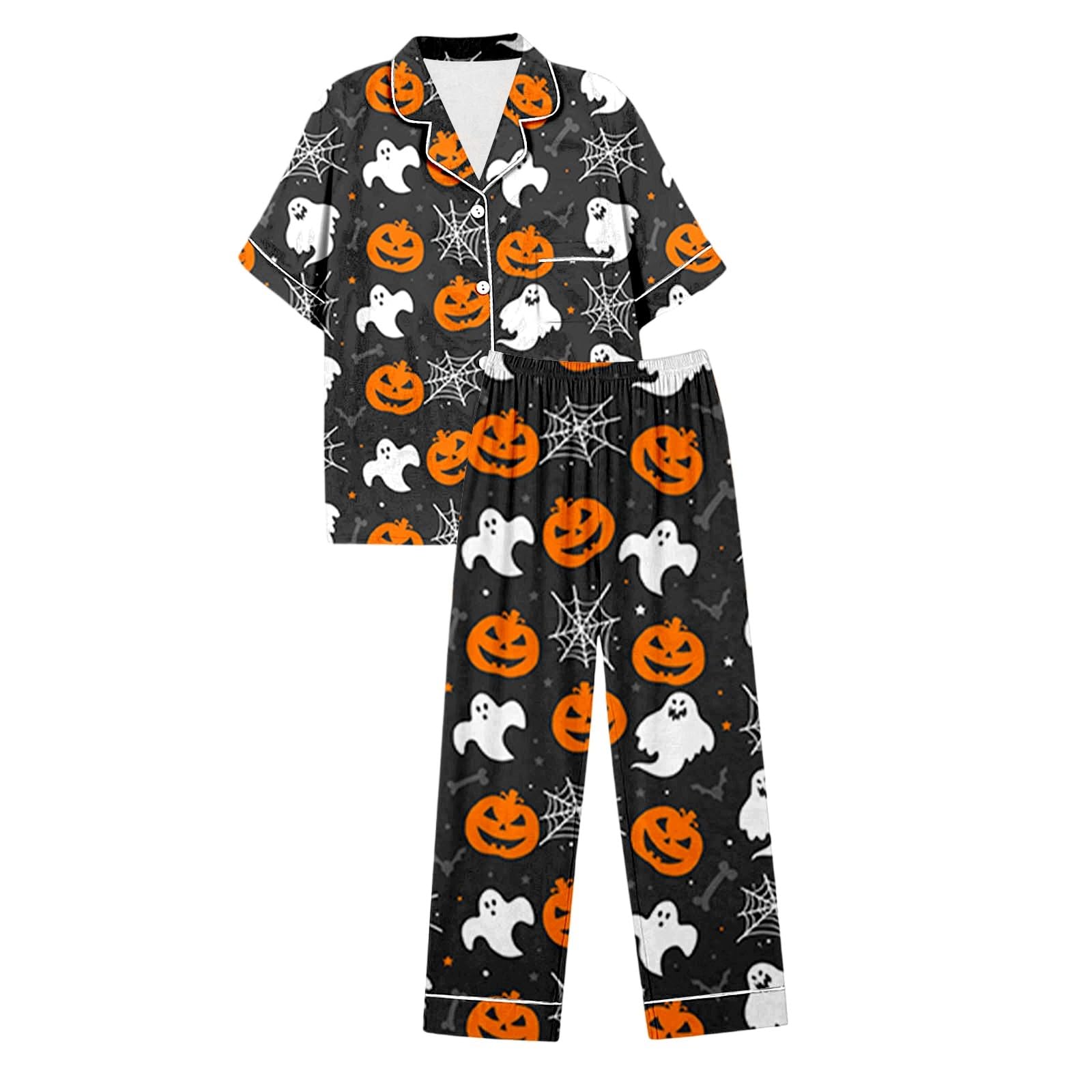Halloween Kürbis Print Kurzarmhemden und Lange Hosen Damen Pyjama Set für Nachtwäsche Pyjama Set