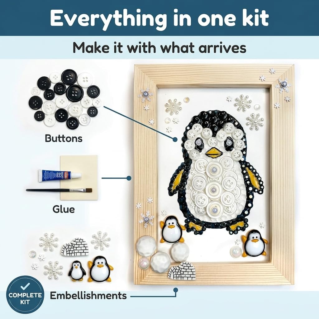 Winter Wonderland Penguin Button Art Kit, DIY Craft Frame with Snowflakes, Black and White Design, Wooden Frame, Holiday Decor image 2