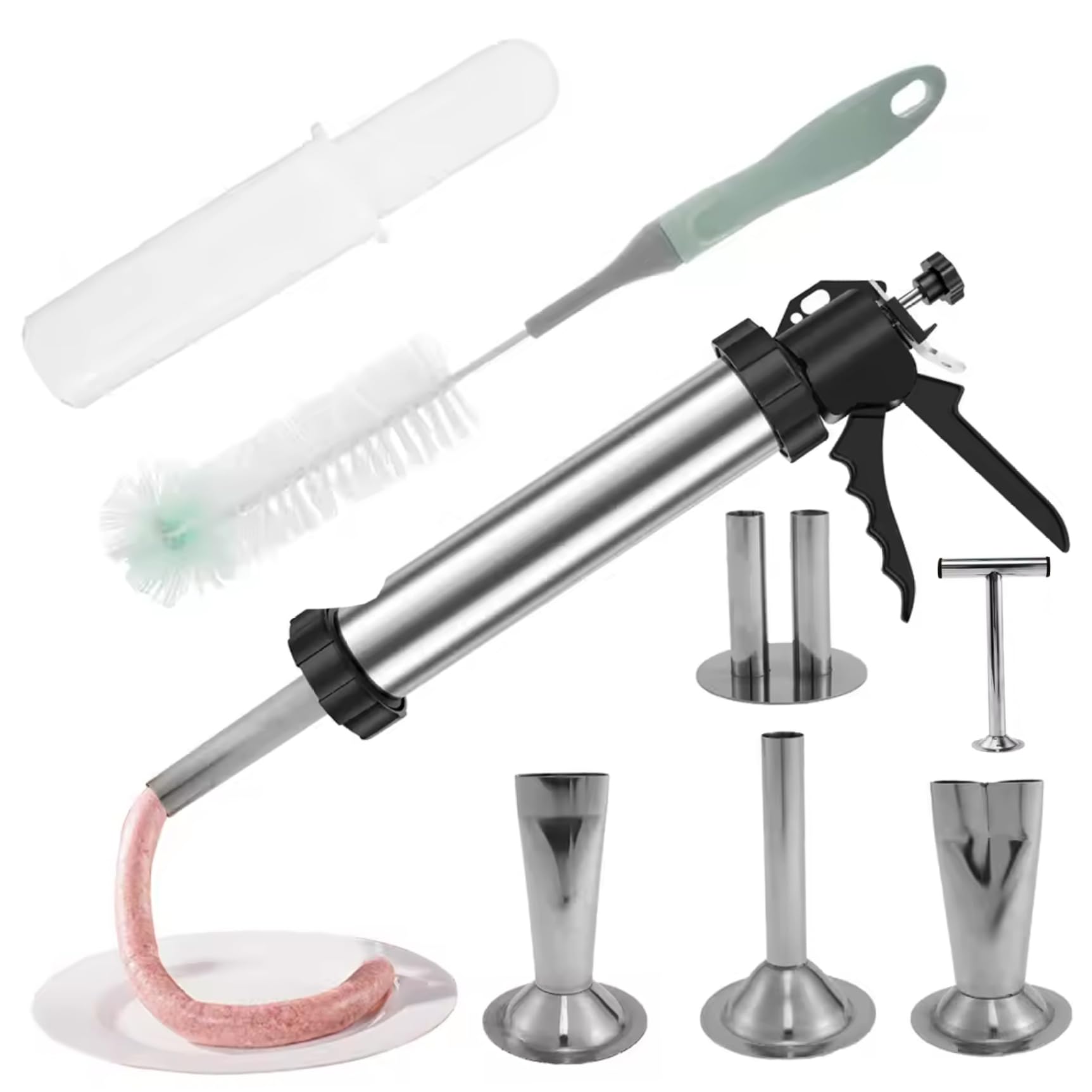 Jerky Gun|Jerky Gun für Hackfleisch, Wurstfüller-Set aus Edelstahl mit Düsen und Reinigungsbürsten für selbstgemachtes Kochen und Essenszubereitung