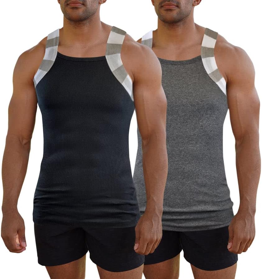 Different Touch 2 Pack Men Square Cut Two Tone Trim Tank Top - Image 2