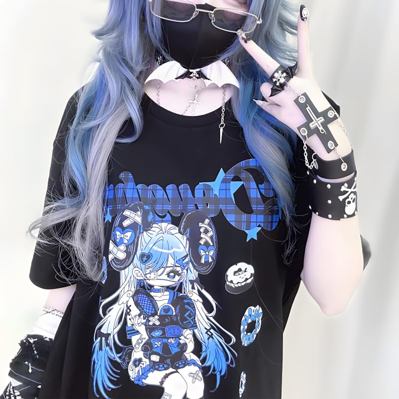 Image of Harajuku Kawaii Crewneck Cartoon Anime Doughnut Girl Print T-Shirt | Cutecore, Vintage Casual Style, Streetwear, Athleisure, Cotton Materials, Loose Fit, Short Sleeve, For Women Daily Wear