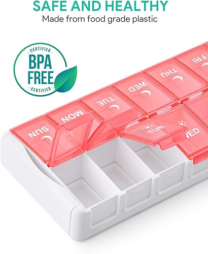 Miniatura 10 de TookMag Pastillero semanal 2 veces al día, fácil de llenar AM PM, pastillero de gran capacidad de recarga rápida de 7 días para píldoras, vitaminas,