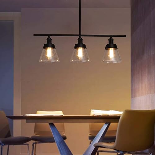 Miniatura 3 de Fivess Lighting Iluminación de Isla de Cocina Estilo Granja Negro de 3 Luces, Candelabro Lineal de Vidrio Texturizado Transparente, Varillas