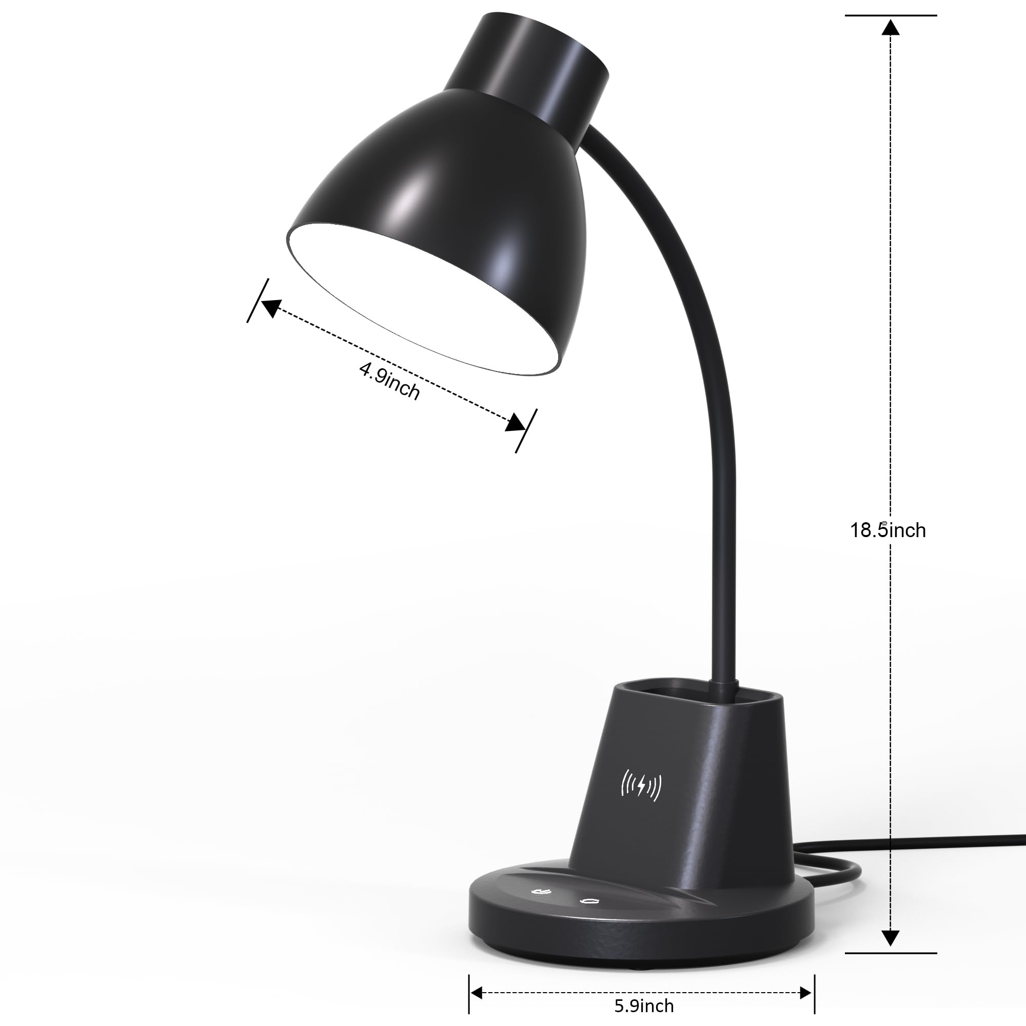 Schreibtischlampe für Heimbüro, 10 W kabelloses Laden, augenschonende LED-Schreibtischlampe, CRI 95+, 3 Farbmodi, stufenloses Dimmen, Stifthalter, 360° flexibler Arm, Schreibtischlampen für