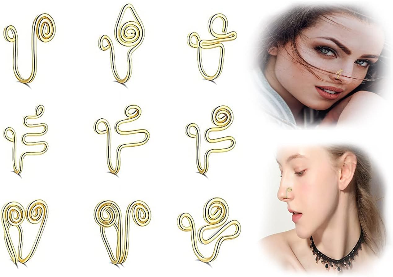 ELECDON African Nose Cuff, Nose Cuff Non Piercing, Gold Nose Cuff, Fake Nose Ring, Gold Plating Nose Ring Cuffs Set, Fake Piercings, Tribal Nose Cuff, Clip on Nose Ring for Women Men, 9 Pcs
