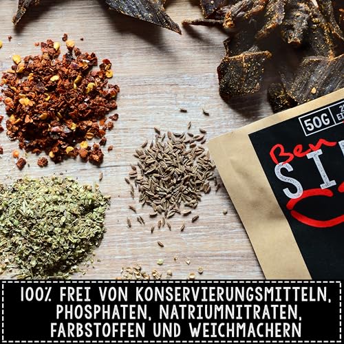 Beef Jerky Probierbox, 5 x 50g, handgemacht, Österreichs Beef Jerky Nr. 1, Premium Trockenfleisch ohne chemische Zusätze (Mixed Flavors)