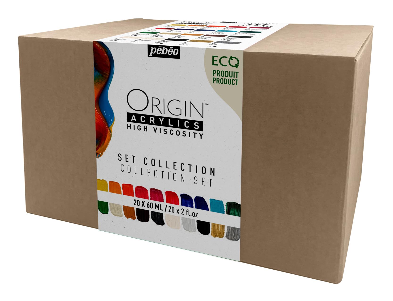 Pébéo - Origin Acrylics - Set Collection 20x60 ml - Ökologisch hergestellte Acrylfarbe - Matte Oberfläche - Bindemittel 100% recycelt - 96% Rohstoffe aus Europa - 20 Farben im Sortiment