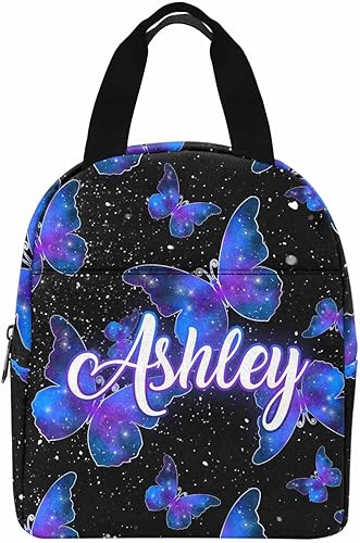 Bolsa de mano personalizada con nombre para niñas, lonchera personalizada con diseño de mariposas y cielo estrellado, bolsa de almuerzo portátil