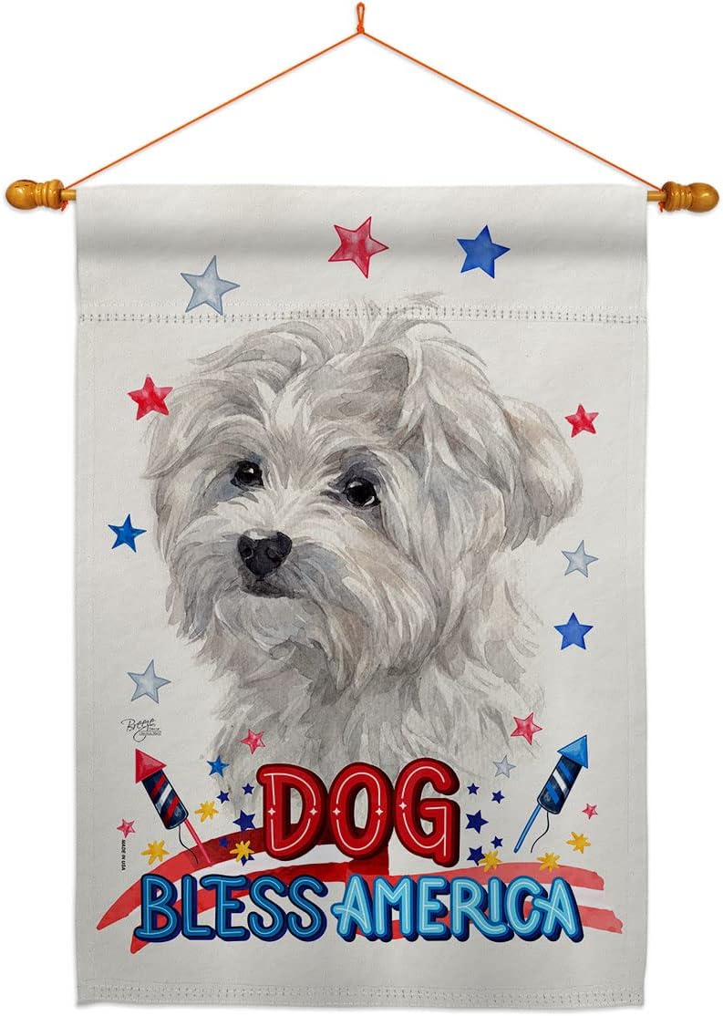 Breeze Decor Patriotic Maltese House Flag Dowel Set Dog Puppy Spoiled Paw Canine Fur Pet Nature Farm Animal Creature Decoration Banner Small Garden Yard Gift Double-Sided, Made in USA