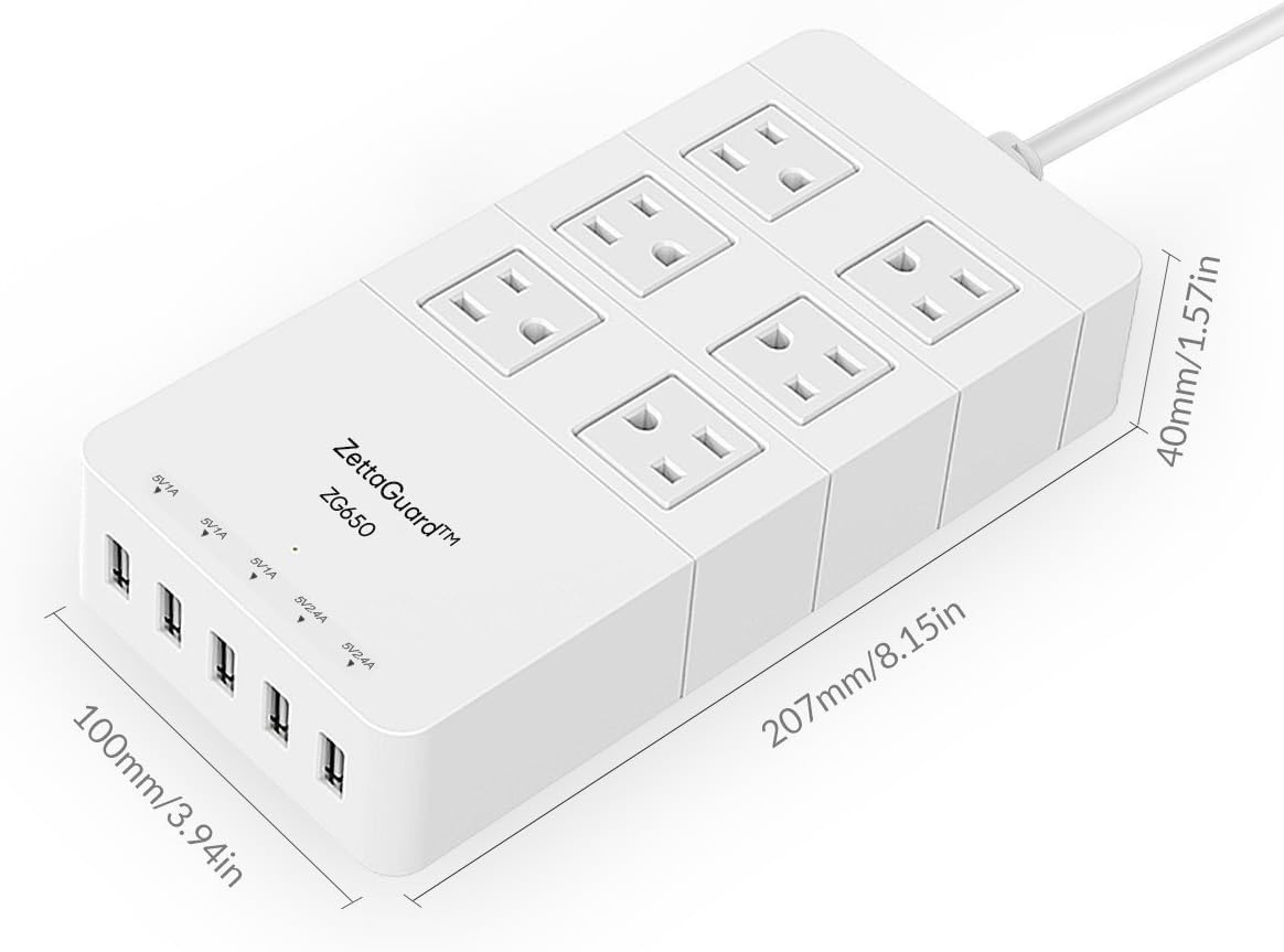 ZG650 WHT Mini 6-Outlet Travel Power Strip/Surge Protector USB Charger & 5' Power Cord, White