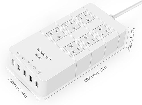 Miniatura 5 de ZG250 Zapatilla pequeña, con dos salidas, para viajes, protector de sobrecarga, con puerto de carga USB, y cable de 5 pies, color negro. Blanco