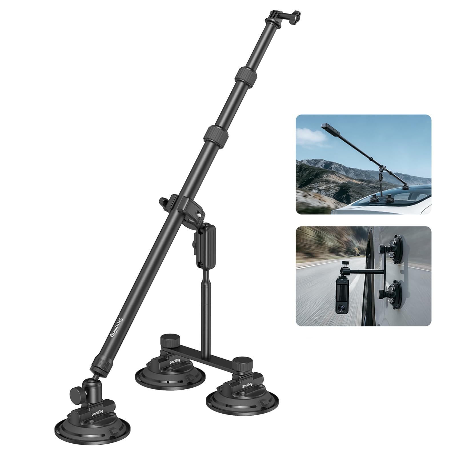 SMALLRIG Car Mount for Insta360 X5/X4/X3, for DJI OSMO 360 Camera, for GoPro, Triple Suction Cup Mount Kit with 120cm/47.2" Invisible Telescopic Selfie Stick, Ball Head, Magic Arm Clamp, Adapter -5843