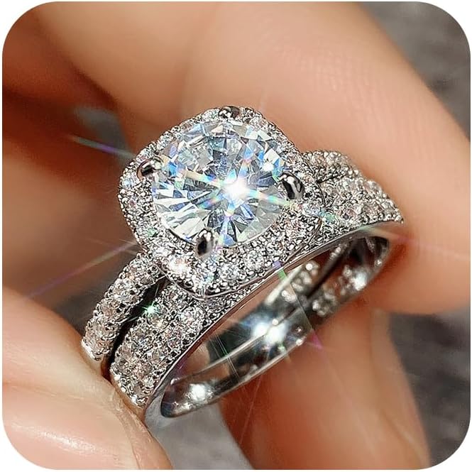 Vintage Engagement Set Rings for Women,925 Sterling Silver Plated Cubic Zirconia Wedding Bridal Ring Sets, CZ Halo Wedding Promise Eternity Ring for Women's Jewelry Gifts Size 7#