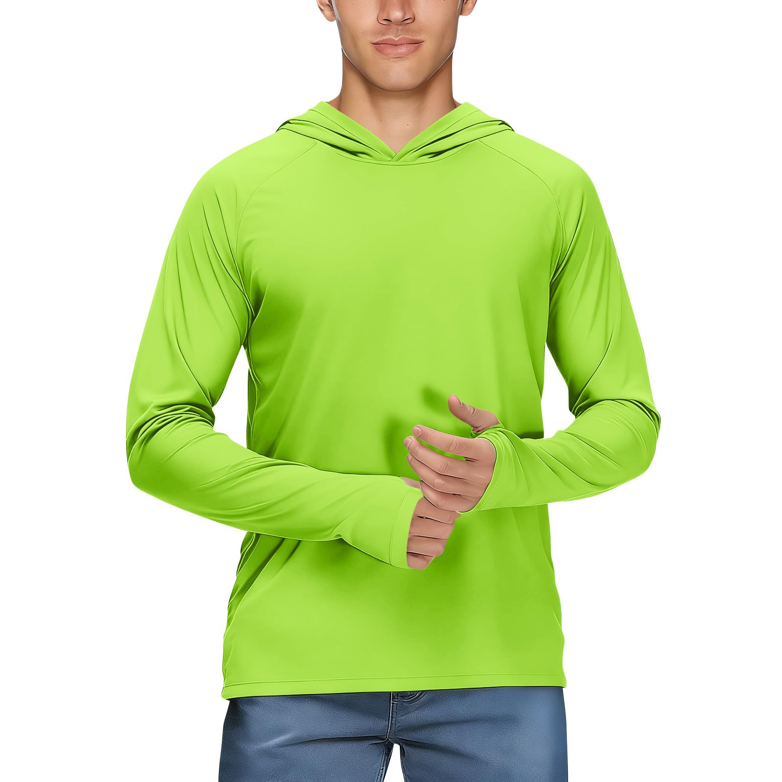 UPF 50+ Men Fishing Shirts SPF Mens Hoodie Mesh Face Mask Long Sleeve Quick Dry Uv-Shirts Breathable No Mask Solid Vented Running Hunting Fluorescent Green M
