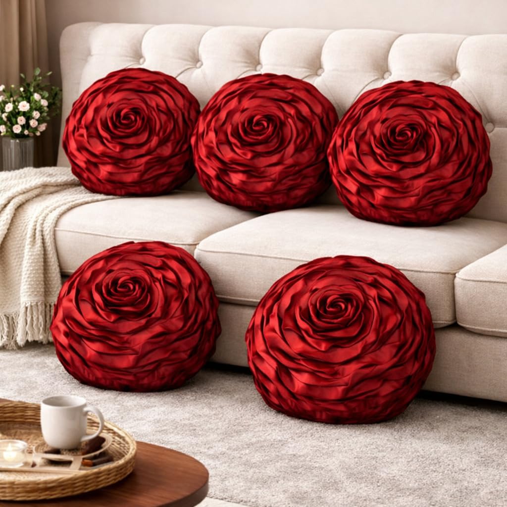 LOFEY Decorative Round Cushion Covers Pack of 5 | 16x16 Inch Satin Rose Flower Pillow Covers for Sofa & Bedroom (Maroon)-image-15
