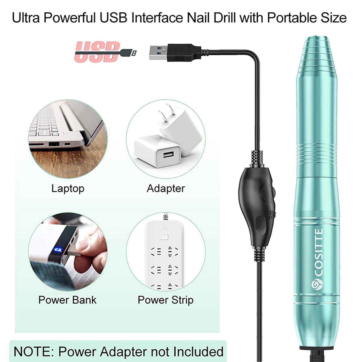 COSITTE Electric Nail Drill,USB Electric Nail Drill Machine for Acrylic Nail Kit,Portable Electric Nail File Polishing Tool Manicure Pedicure Kit Efile Nail Supplies for Home Salon,Green