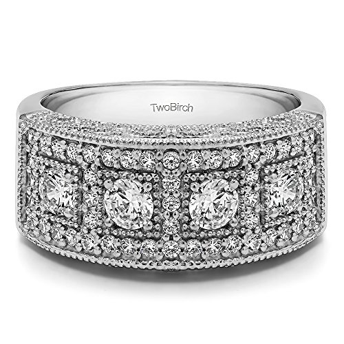 TwoBirch 1CT Vintage Pave Set Anniversary Ring with 1.01 carats of Cubic Zirconia in Sterling Silver