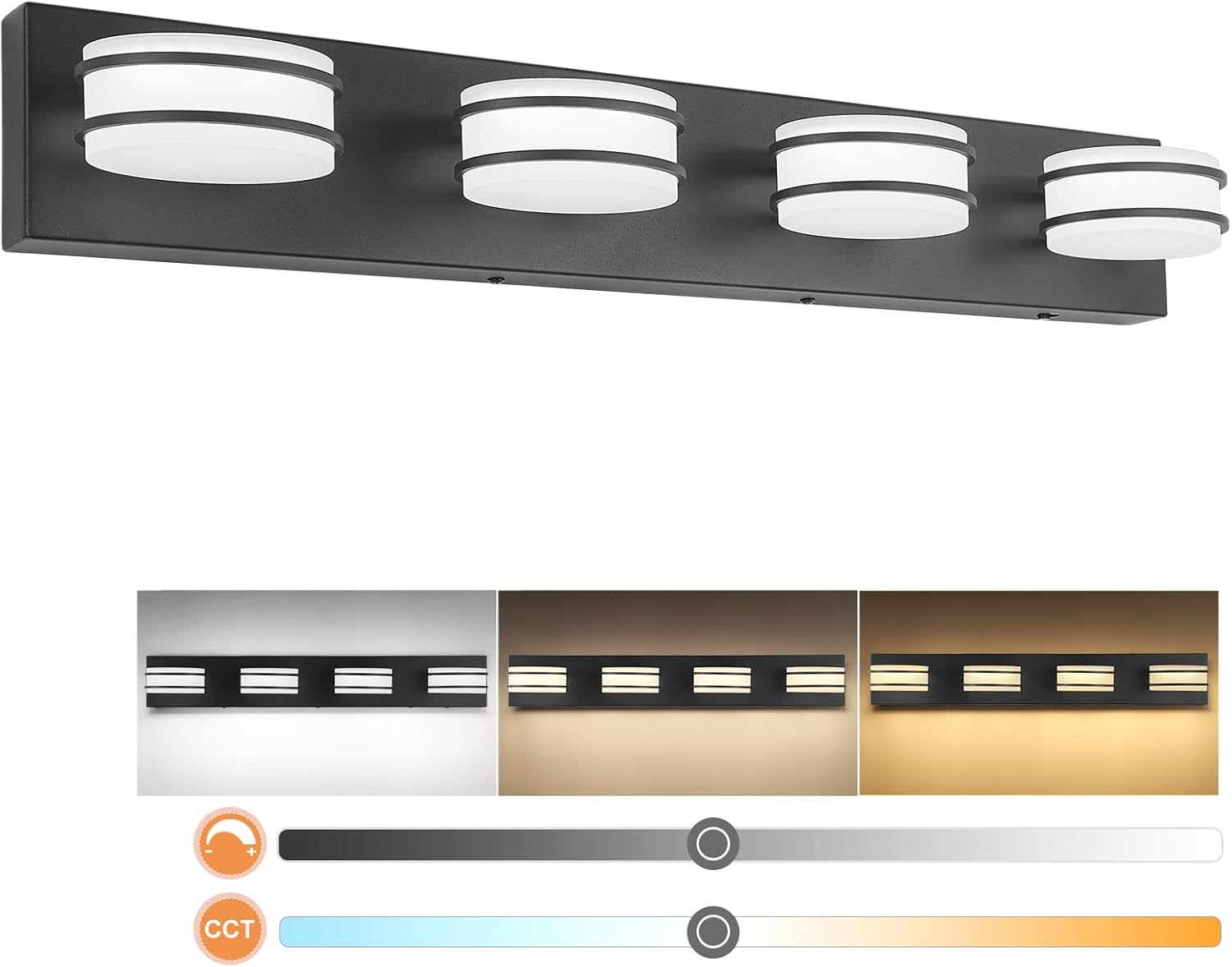 3 Color Temperature Dimmable Bathroom Light Fixtures Over Mirror, LED Black 4 Light Vanity Lighting Fixtures, Acrylic Stainless Steel Oval Shade Vanity Lights for Bathroom, ETL Certificated