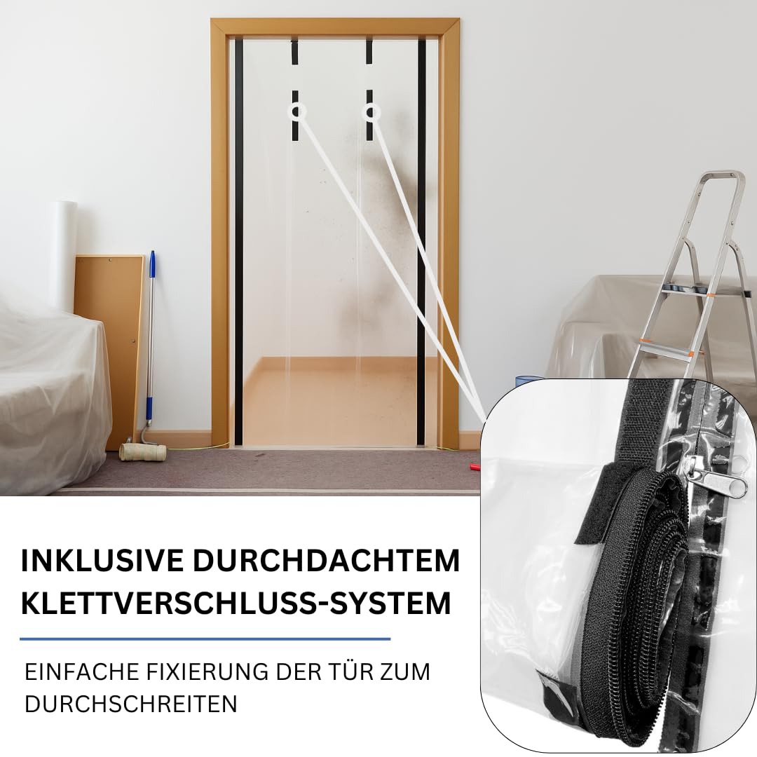 Pangolino Protector antipolvo para puerta, juego de 2 unidades, con cremallera, lámina de polietileno, 1,20 x 2,20 m, incluye cinta adhesiva de doble cara, variante con cinta de velcro