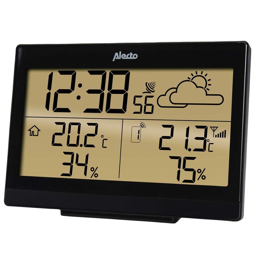 Alecto WS-2300 Funk Wetterstation - Kabelloser Sensor - Innen und Außentemperatur - Hygrometer - Wettervorhersage - Frostalarm - Wecker mit Schlummerfunktion - schwarz