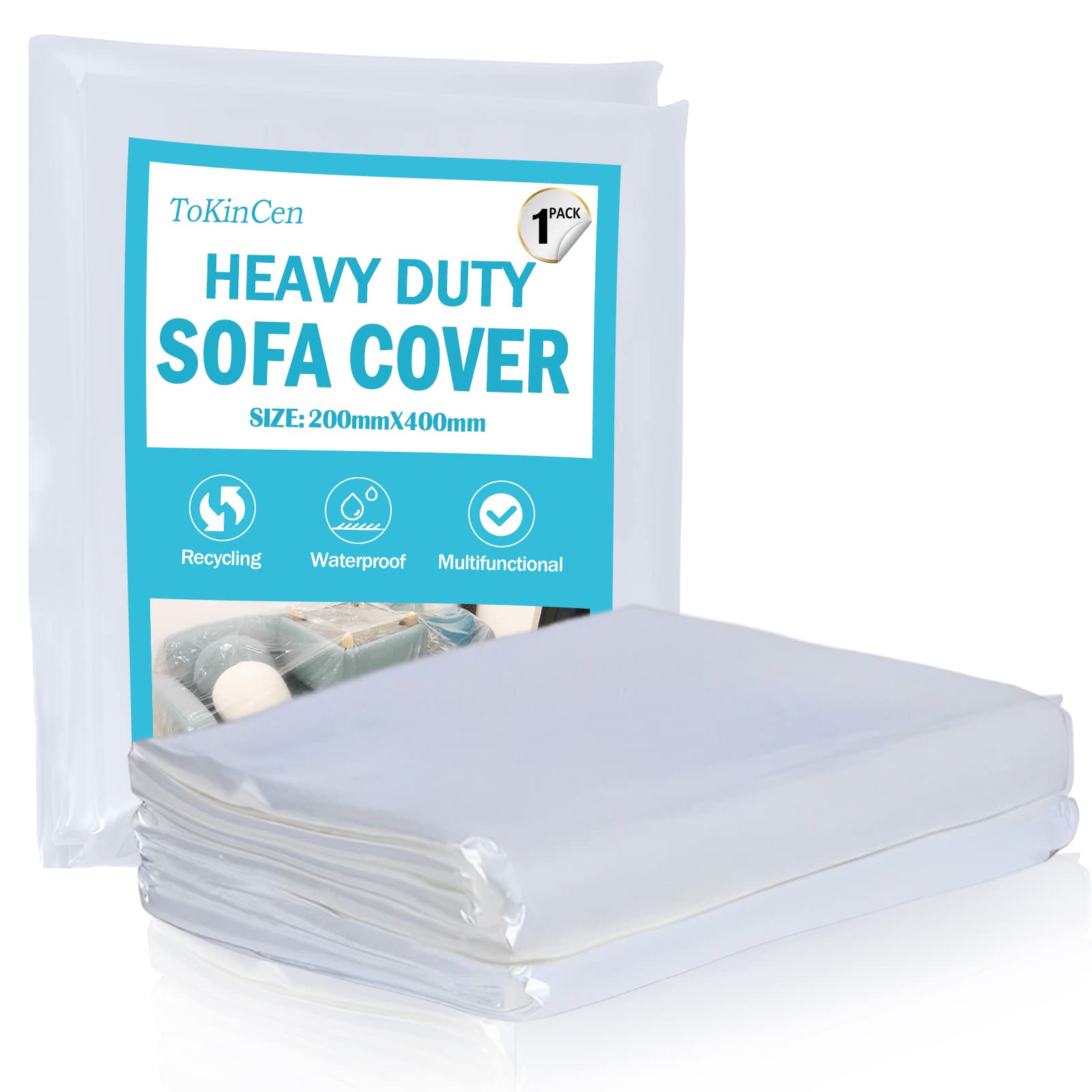 ToKinCen 1-Pack Plastic Sofa Cover, Sofa Storage Bag, Waterproof Sofa Protection Cover, Dust-Proof Covers for Furniture, Sofa Protector Bags for Sofas, Beds, Couches, and Floors,200 x 400cm