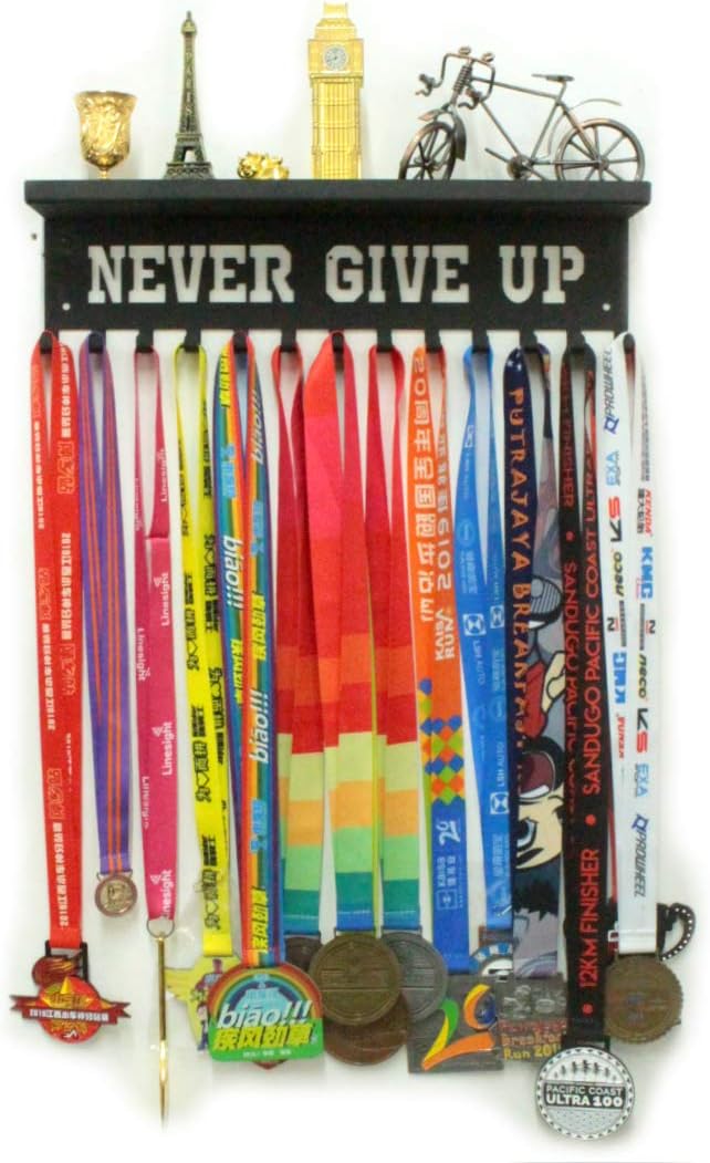 Never Give Up Sports Awards Medal Hanger Display, 3" Trophy Shelf Medal Holder with Hooks, Easy Install Wall Shelf and Ribbon Holder Wall Shelf (Black)