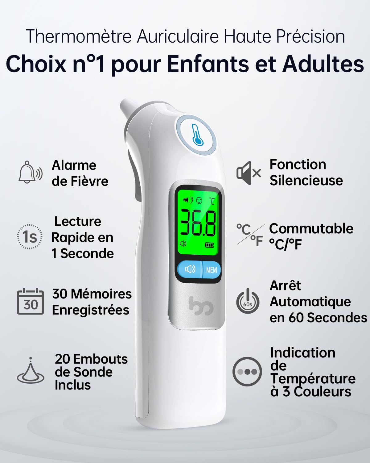 Thermomètre Auriculaire pour Adultes et Bébés | Précision Professionnelle | Alerte Fièvre à 3 Couleurs | Mode Silencieux | avec 20 Embouts Jetables