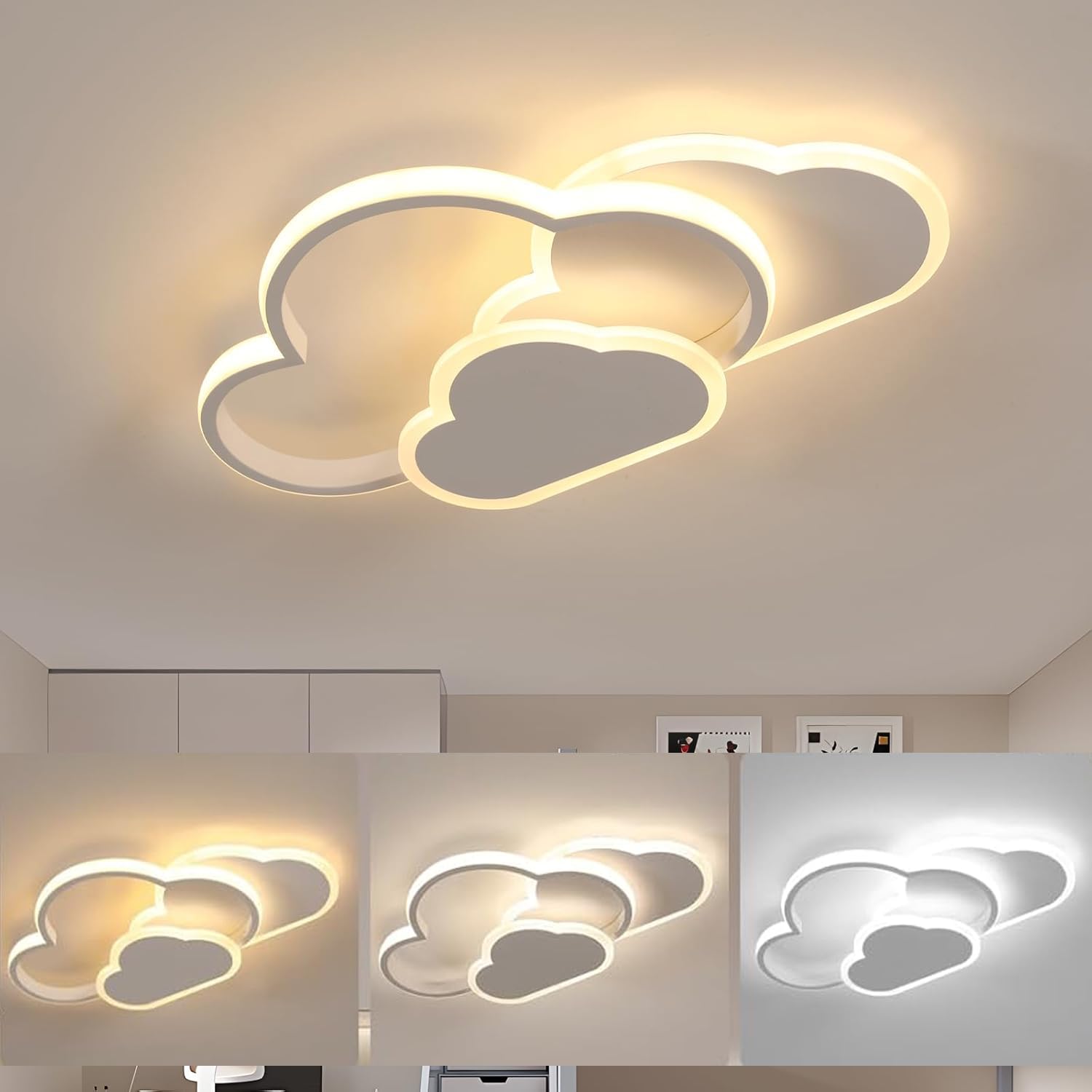 Goeco Lámpara de Techo LED Regulable, 32W Lampara Infantil Techo, Creativa Nube con Mando a Distancia 3000K-6500K, Luz de Techo Blanco para Habitaciones Infantiles Dormitorio Comedor Sala de Estar
