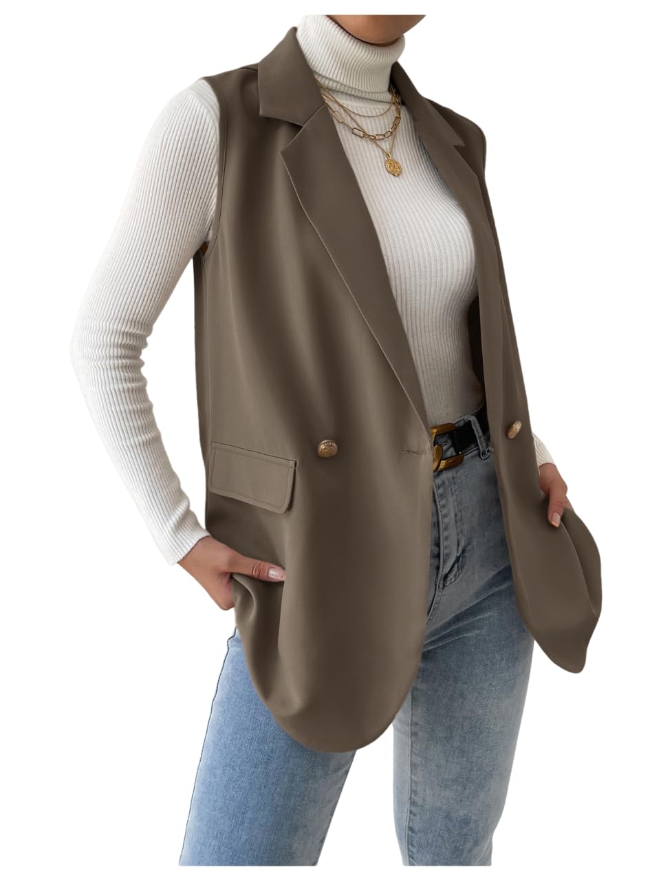 GORGLITTER Womens Long Vest Sleeveless Button Up Work Office Cardigan Blazer Vest