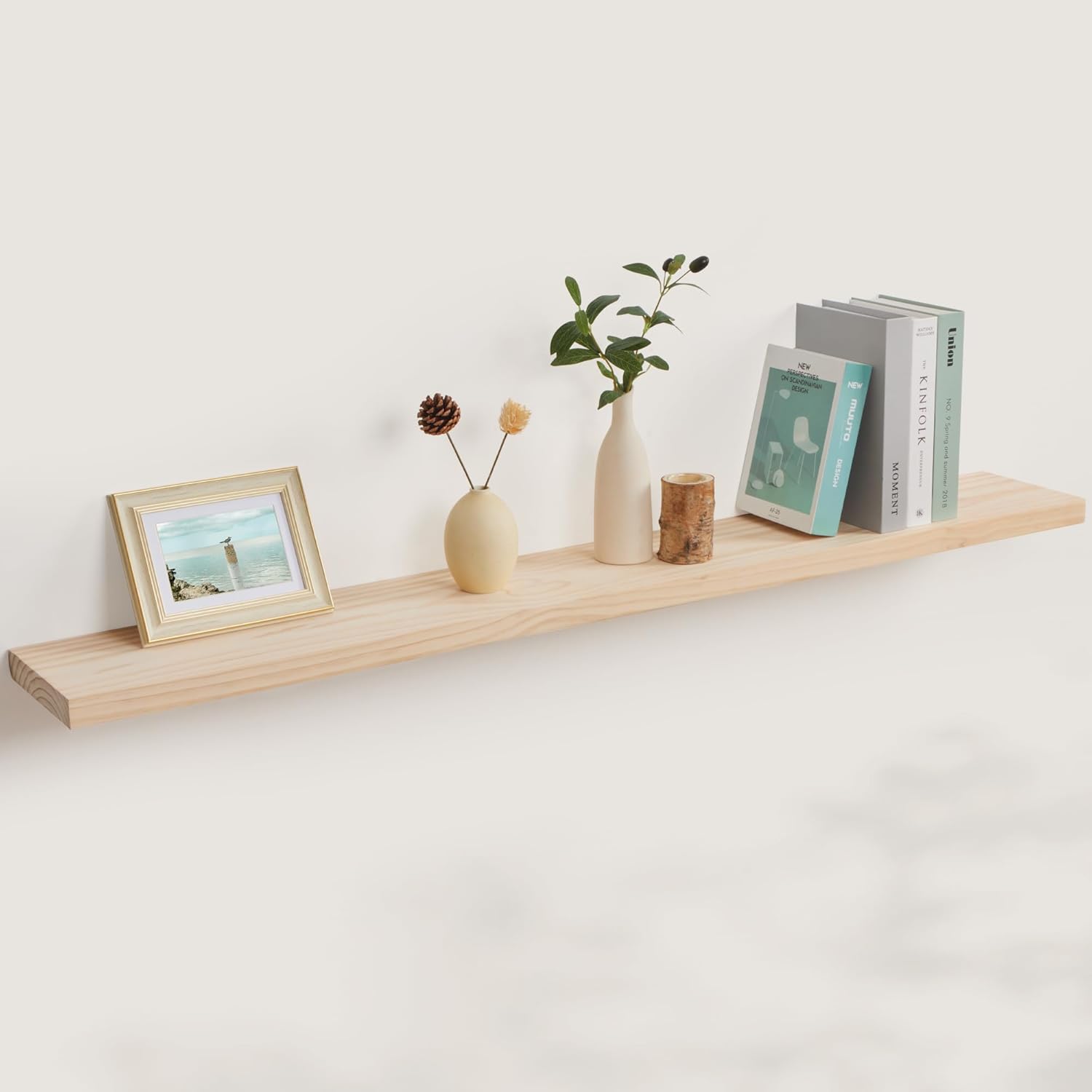 Floating Shelves 55 Inches Long - 8 Inch Deep Rustic Solid Pine Wood for Storage - Farmhouse Wall Mounted for Living Room - Heavy-Duty Metal Bracket - 55" W x 8" D - Natural Unfinished Natural Unfinished 55"W x 8"D, Set of 1