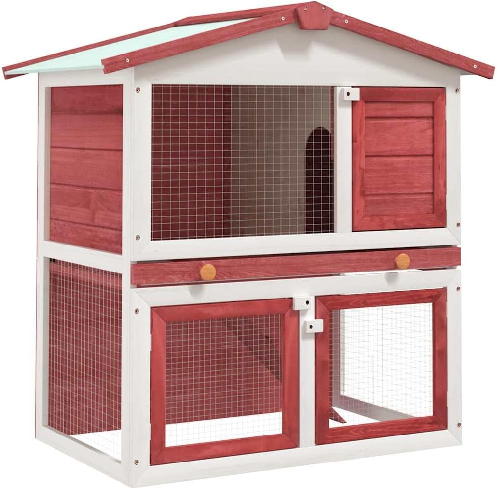 Outdoor Rabbit Hutch, Solid Pine Wood Bunny House with Pull-Out Tray and Secure Latches, Weatherproof Small Animal Habitat, Red and White, 37 x 37 x 38.6 Inches