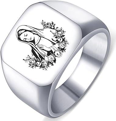 Solid Steel Blessed Virgin Mary Mother Mary, Catholic Mens Womens Signet Ring Band