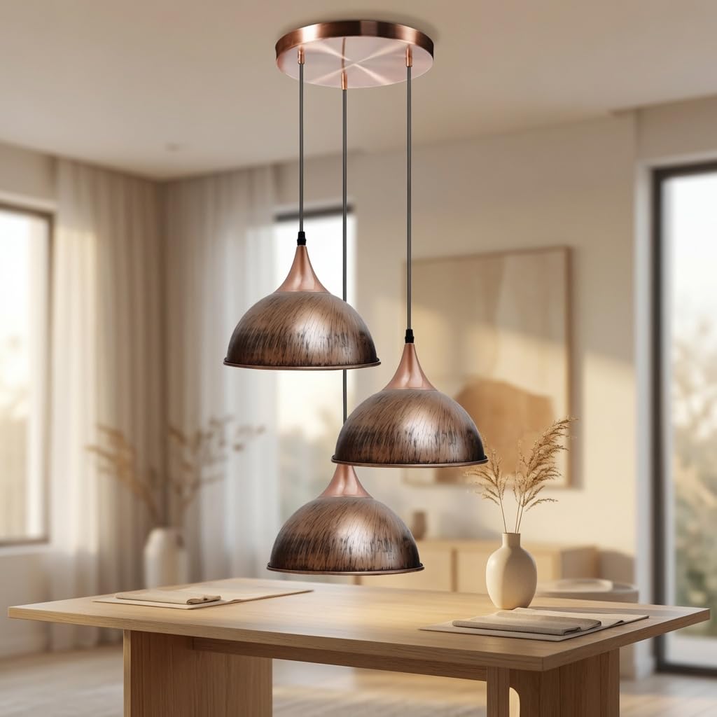 DC VOLTAGE 3 Light Cluster Pendant Light E27 Dome Shape Brushed Copper