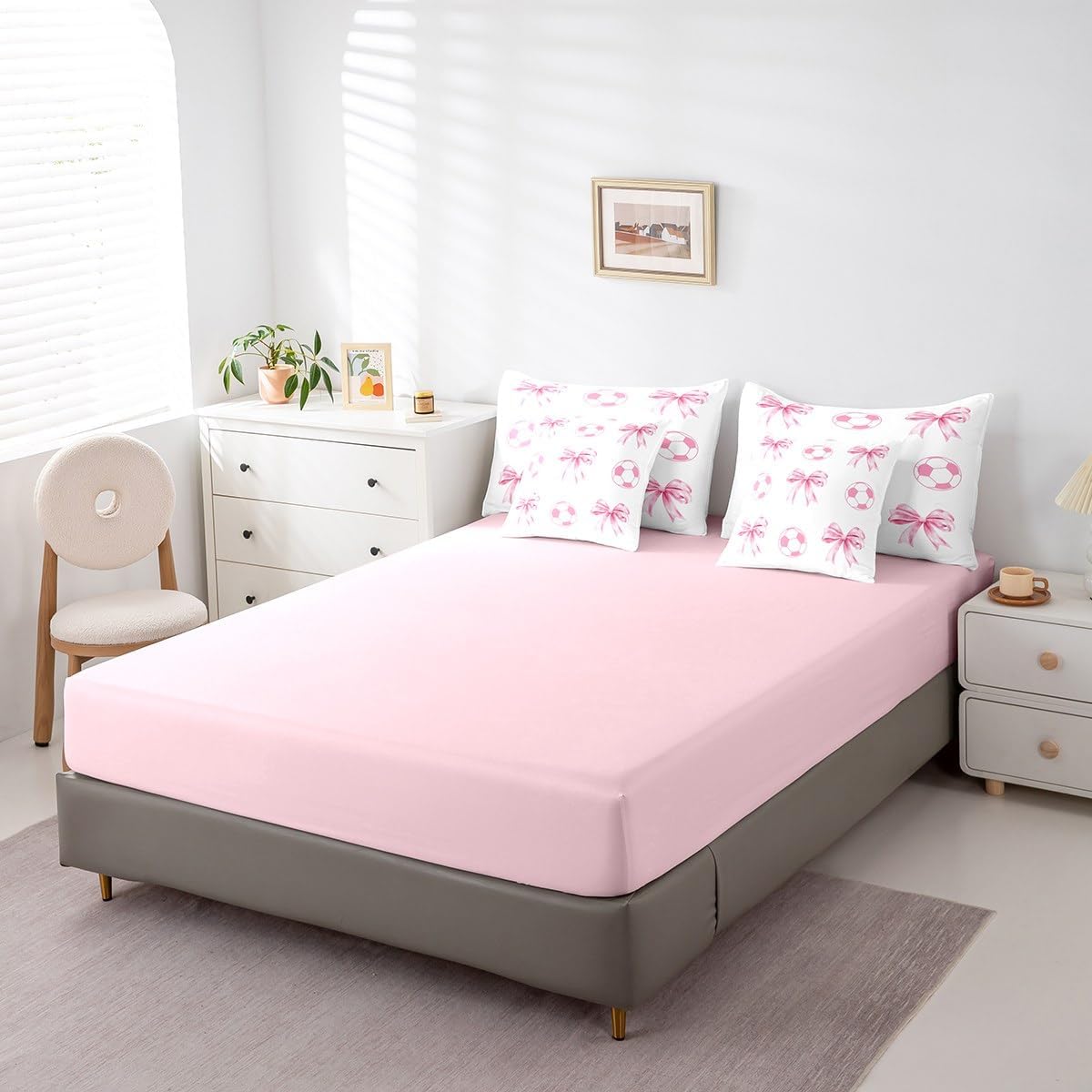 Castle Fairy Football Sport 7 Pcs Comforter Set Twin Size Bed in a Bag,Pink Bow Ball Pattern Bed Set,Cartoon Bowknot Soccer Bedding Sets with Comforter,Flat,Fitted Sheet,Pillowcases,Pillow Covers