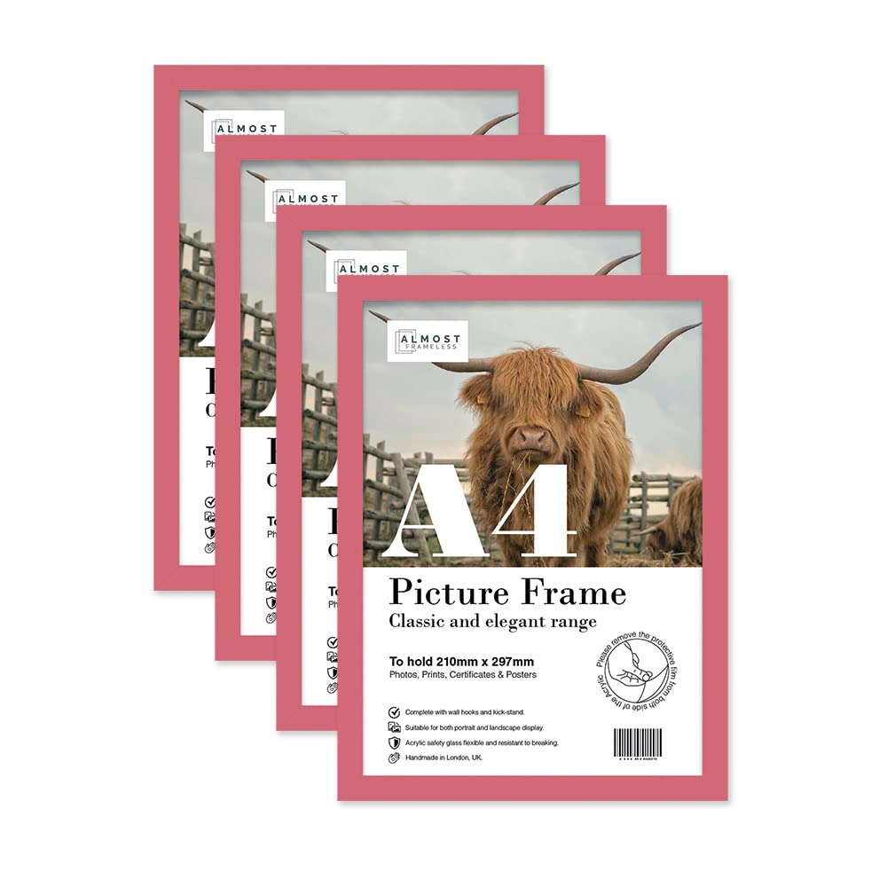 Almost Frameless A4 Pink Picture Frame Set of 4, Display A4 Picture Gallery Wall, Poster, Photo, Artwork, or Print, Pink