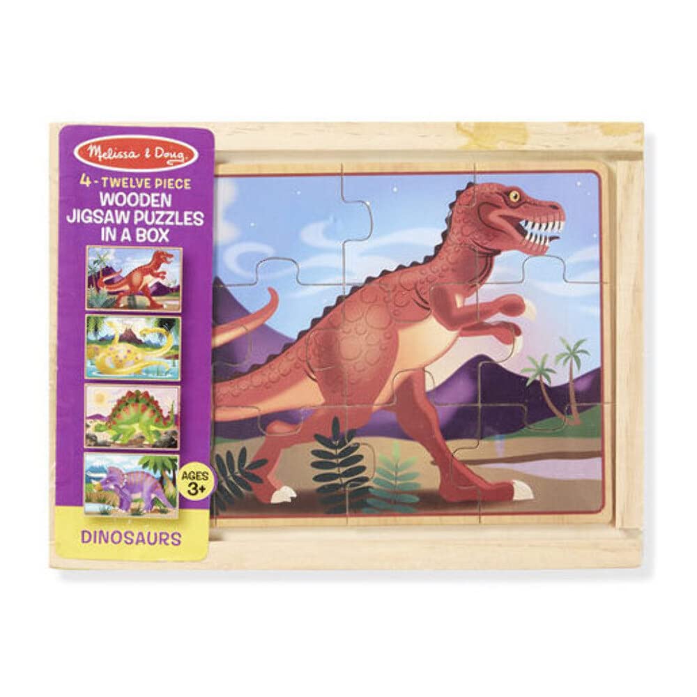 Melissa & Doug Dinozaury 4 w 1 drewniane puzzle w pudełku do przechowywania, 48 sztuk (artykuł # FOURDINO)