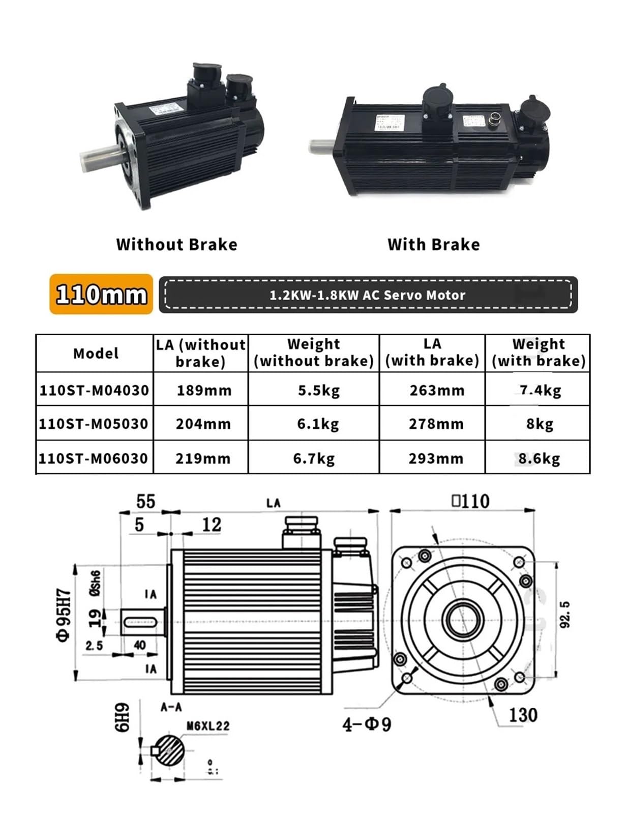 1.2-3.8KW AC 220V/380V Servo Motor Drive Kit 110ST-M04030/110ST-M05030/110ST-M06030/130ST-M07725/130ST-M15015 4-15Nm 3000rpm(130ST-M15015 380V)