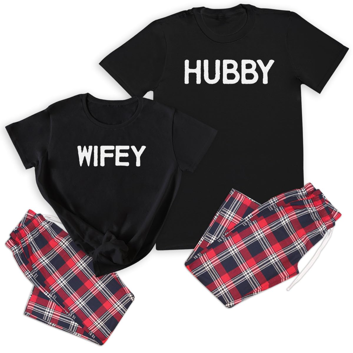 The Gift Project Personalised Hubby & Wifey - Couples Matching Pyjamas - Top & Tartan PJ Bottoms - (Sold Separately) Black