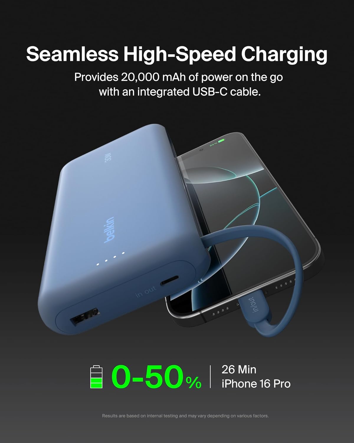 Belkin Portable Charger, Power Bank with Integrated Cable 20000 mAh 30W - Fast Charging USB C Power Delivery - iPhone 17, Air, Pro, Pro Max, iPad, AirPods, Apple Watch, Galaxy S25, & More - Blue - Image 5