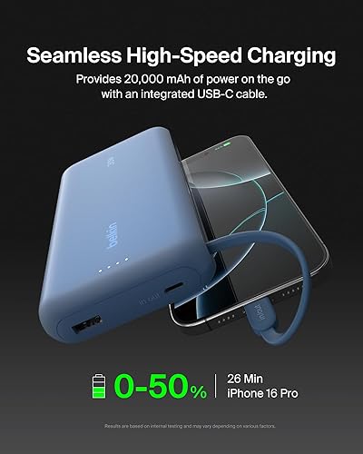 Miniatura 5 de Belkin Cargador portátil, banco de energía con cable integrado de 20000 mAh 30 W - Carga rápida USB C Power Delivery - iPhone 17, Air, Pro, Pro Max,