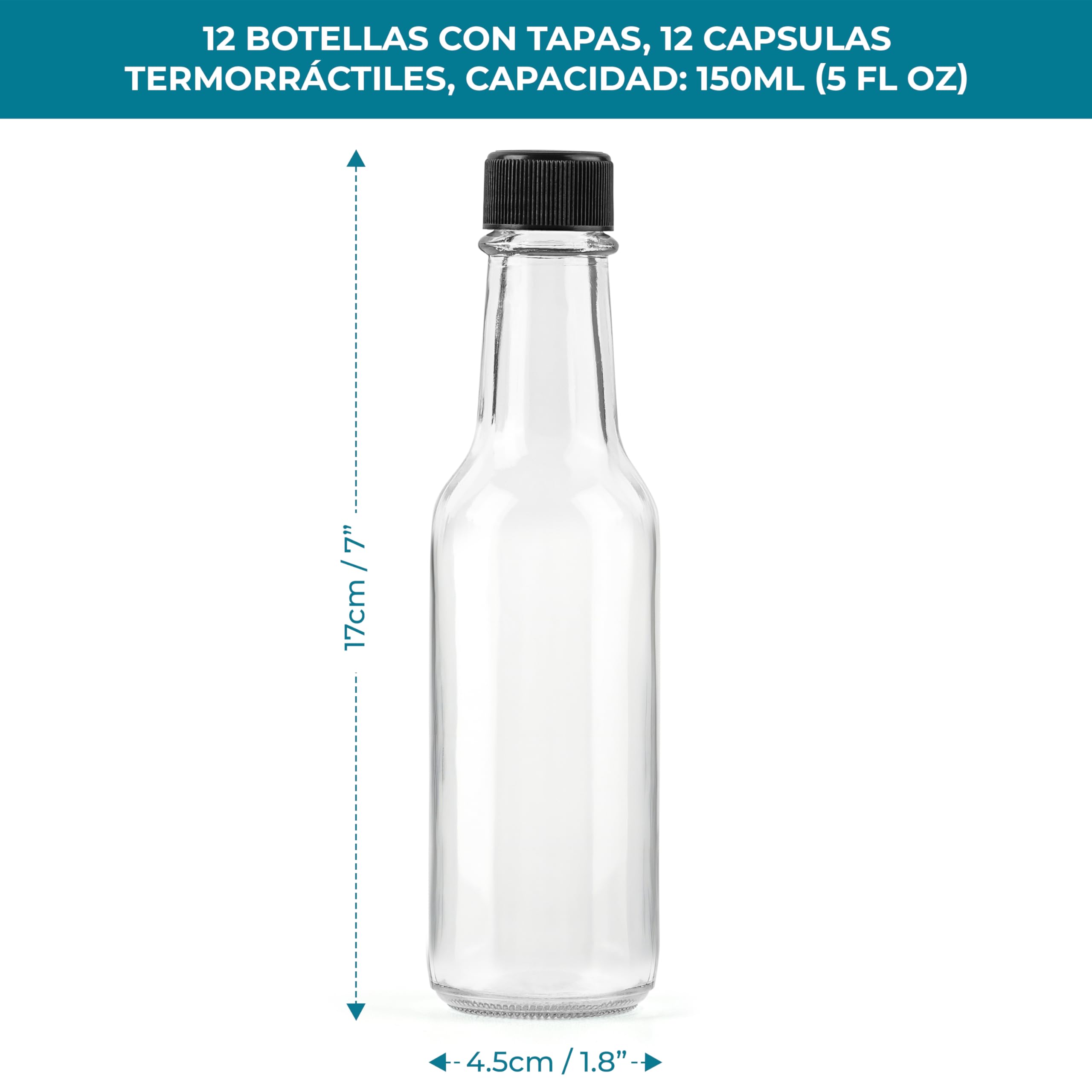 Winter Shore Botella Cristal Pequeña 150 ml (Pack de 12) | Mini Botellas Reutilizables de Alcohol para Vino, Salsa Picante, Zumo con Tapa y Cápsula Retráctil