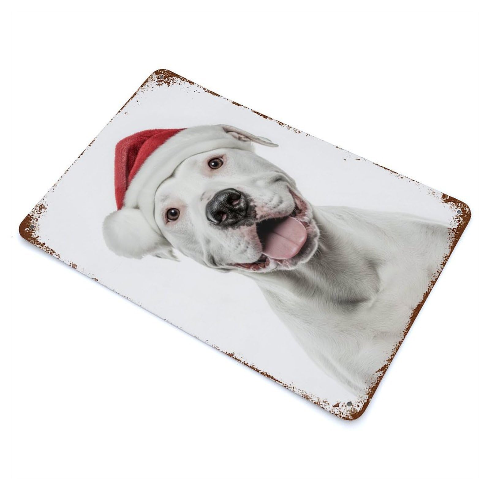 Weathered Tin Sign with Dogo Argentino Dog with Santa Hat Portrait Design 11.8"x7.9", for Garage, Bar And Workshop Decor, Decorative Metal Wall Art