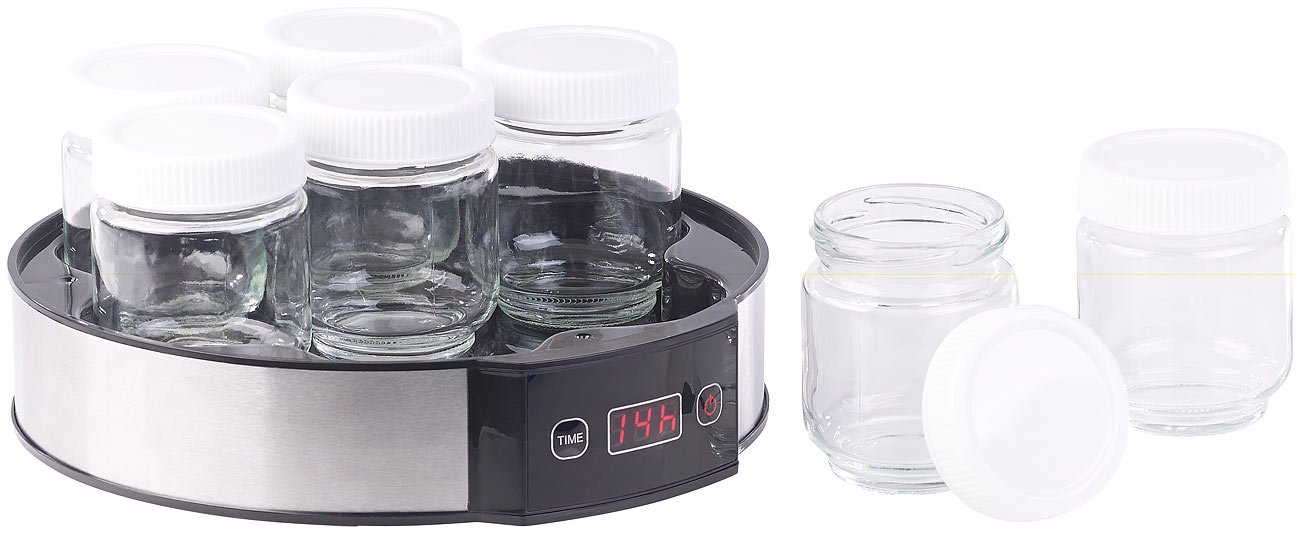 Rosenstein & Söhne Joghurt Zubereiter: Joghurt-Maker mit Zeitschaltuhr, 7 Portionsgläser je 190 ml, 20 Watt (Automat, Joghurtzubereitung, frei)