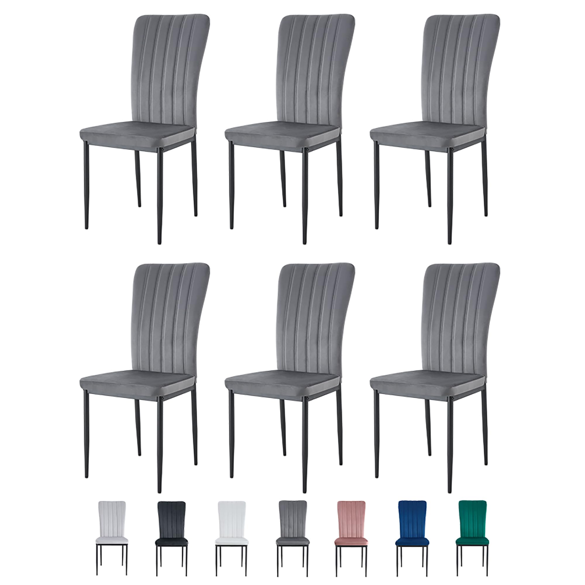 mcc direct Set of 6 Dining Chairs, Velvet High Back Kitchen Chairs with Upholstered Soft Seat and Metal Legs for Home, Office, Dining and Reception - Elle (Dark Grey)