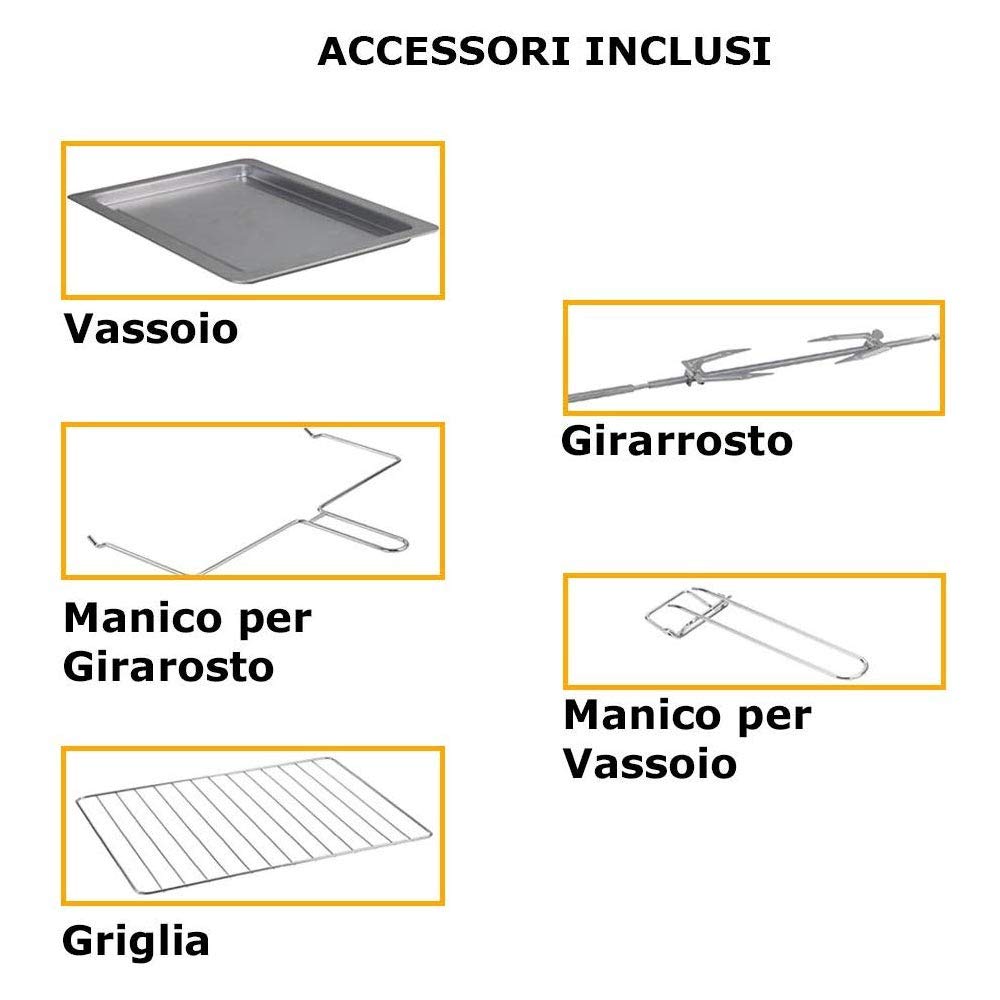 Bakaji Forno Fornetto Elettrico Ventilato 55 Lt Potenza 2200W con Doppia Porta Luce Interna 4 Selezioni di Cottura Temperatura Regolabile Timer Girarrosto e Accessori